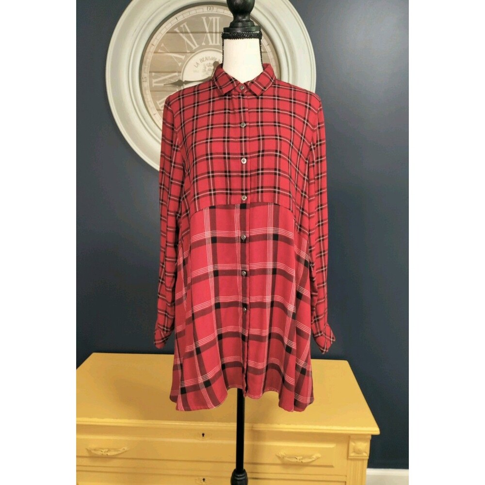 J.Jill Tunic Women's Small Petite Red Plaid A-line Long Sleeve Button Up Holiday